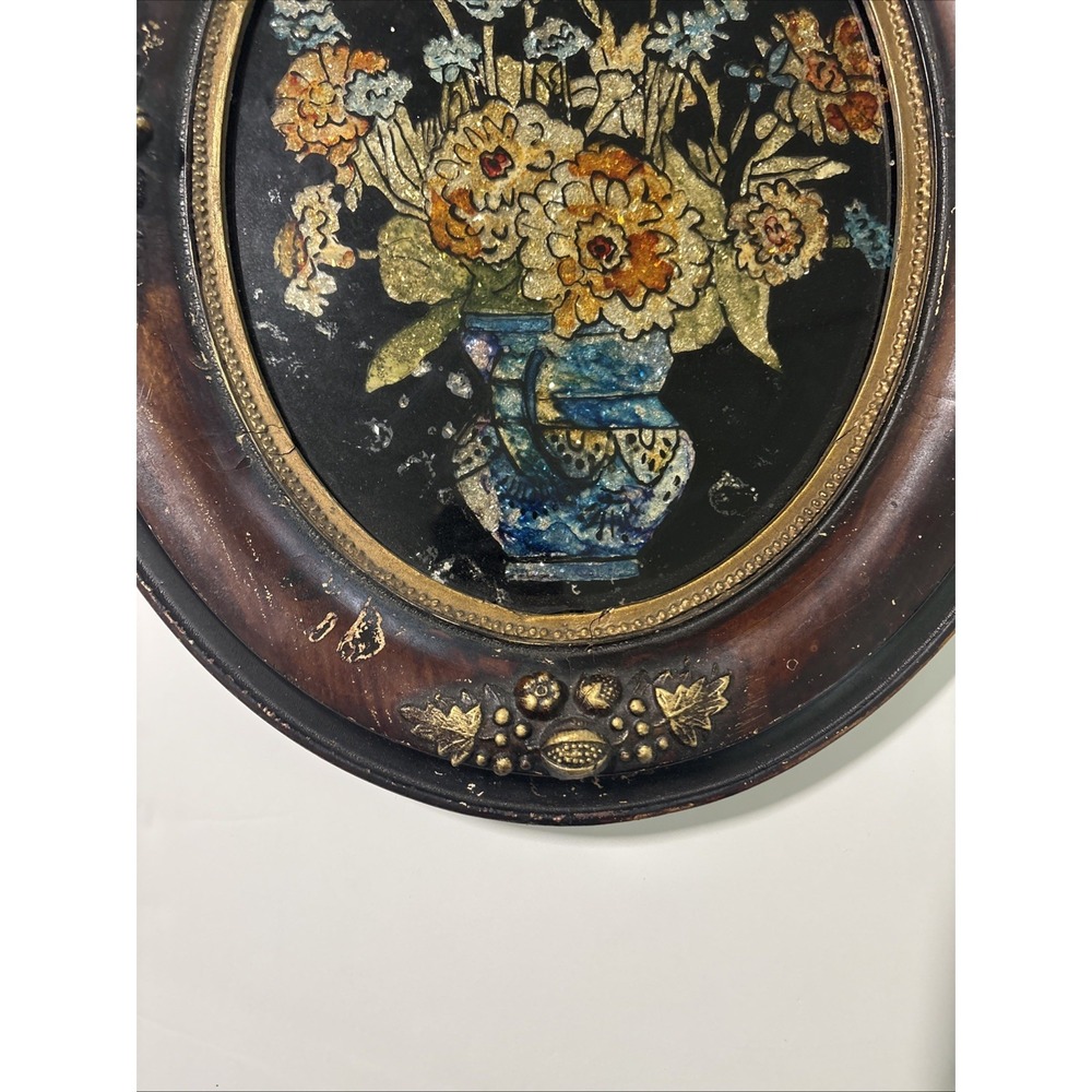 Antique Victorian Style Reverse Painted Glass With Foil Accents Well Framed - Picture 5 of 6